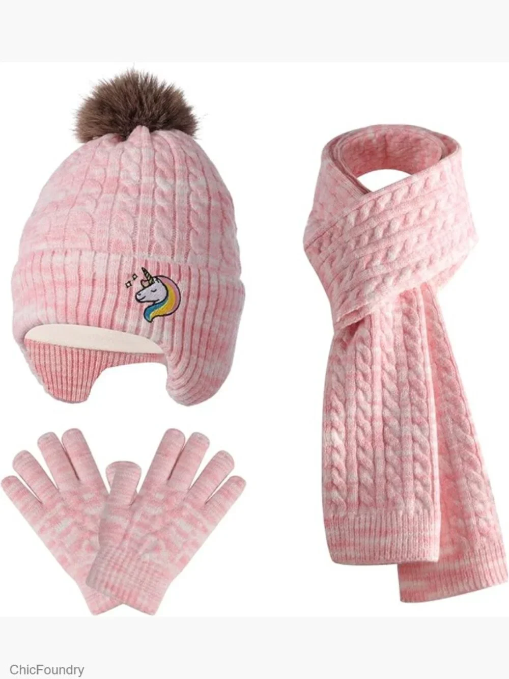 Kids Winter Hat Gloves Scarf Set Warm Fleece Lining 3-Piece 2-14 Years
